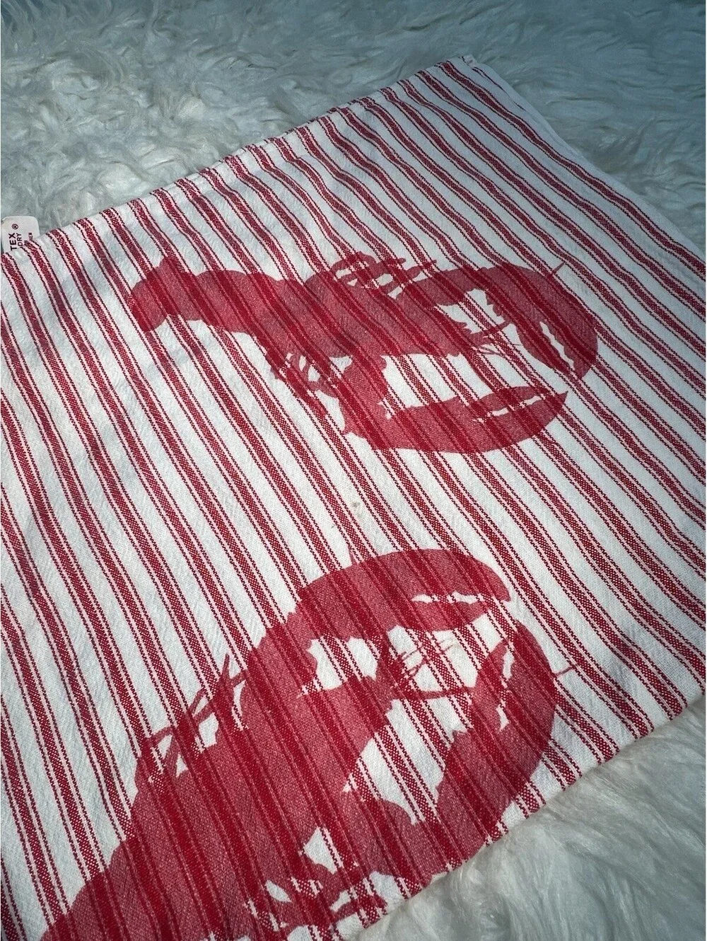 Vintage Martex Lobster Print Tea Towel, Red & White Striped